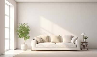 Modern living room interior with bright creamy sofa, white wall background