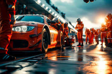 ready for action as their team's race car arrives in the pit lane during a pitstop of a car race, concept of ultimate teamwork - obrazy, fototapety, plakaty