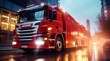 Fire fighting truck driving on road fast moment emergency case - obrazy, fototapety, plakaty