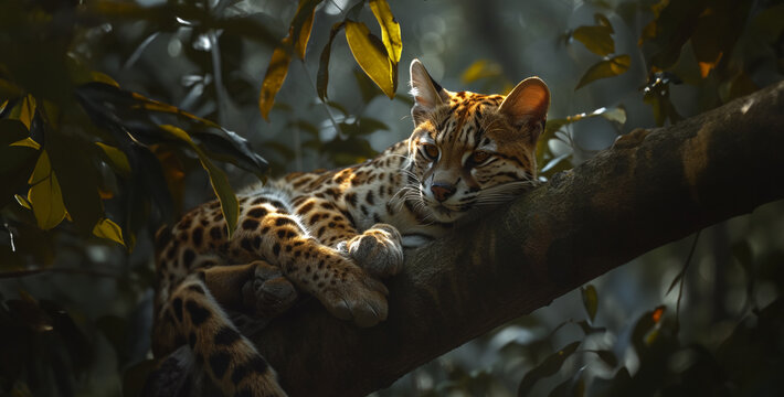 tiger in the zoo, Elegant Margay Perched on Tree Limb Highlight the elegance of a margay as it perches delicately on a tree limb, its spotted coat blending seamlessly with the dappled sunlight filteri