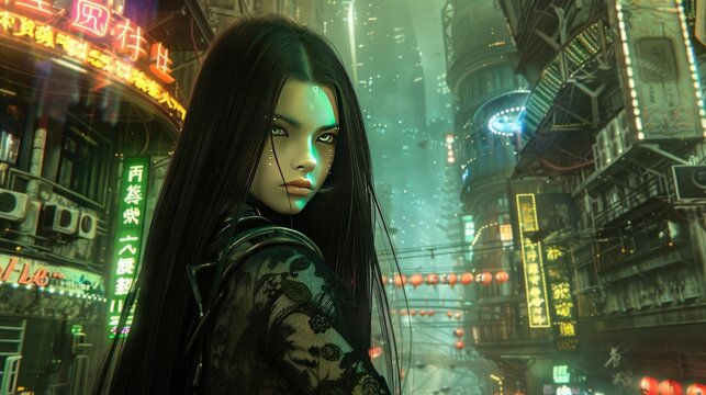 Concept of a sexy anime girl character in a modern cyberpunk city AI generated image