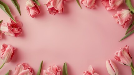 top view, light pink solid background; frame from pink tulips flowers, studio light