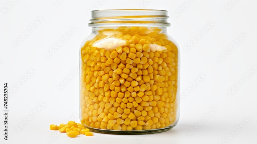 Poster Close-up realistic photo capturing a glass jar filled with yellow corn kernels on a white background Generative AI