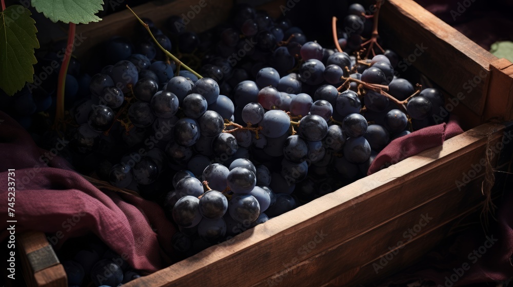 Aufkleber close-up realistic photo featuring a box filled with plump black grapes generative ai