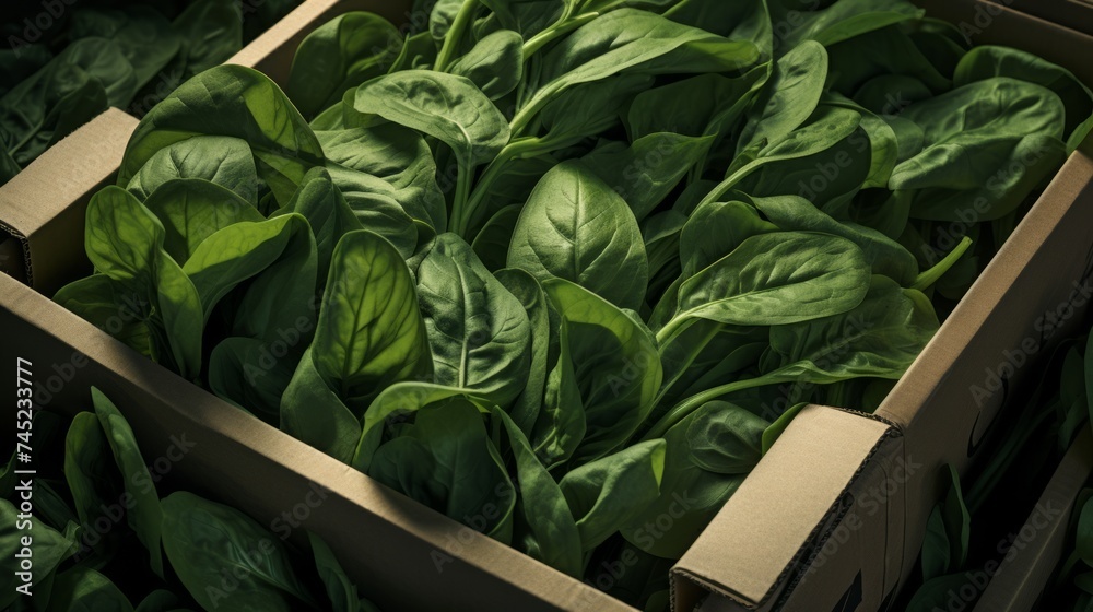 Poster close-up realistic photo featuring a box packed with vibrant green spinach leaves generative ai