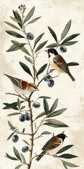 birds on a branch of olives, vintage floral botanical illustration Audubon style, neutral colors --ar 1:2