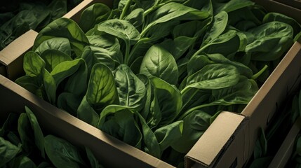 Close-up realistic photo featuring a box packed with vibrant green spinach leaves Generative AI