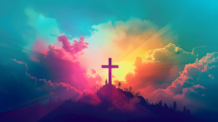 Jesus cross symbol on colorful clouds background. Generative AI colorful clouds background with Christian cross in the middle. Christian religion Cross on spiritual background.