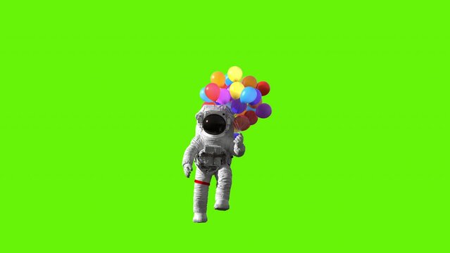Happy Astronaut with Colorful Balloons Jumps and Funny Falls at the End on a Green Screen Background, Beautiful Conceptual 3D Animation in Slow Motion, 4K 3840x2160