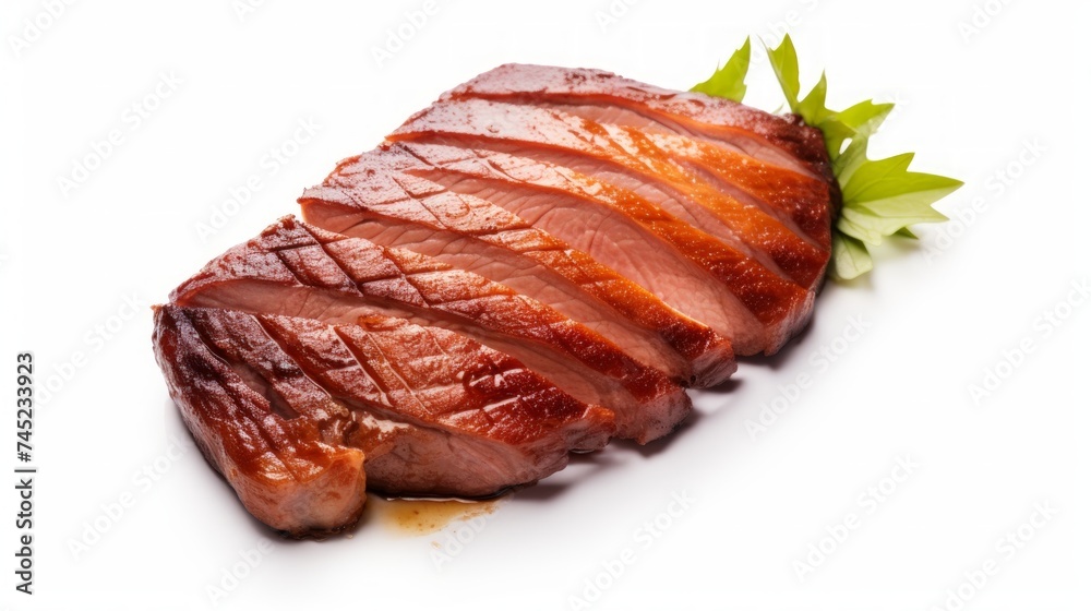Poster close-up realistic photo featuring a tender duck breast piece against a white background generative 