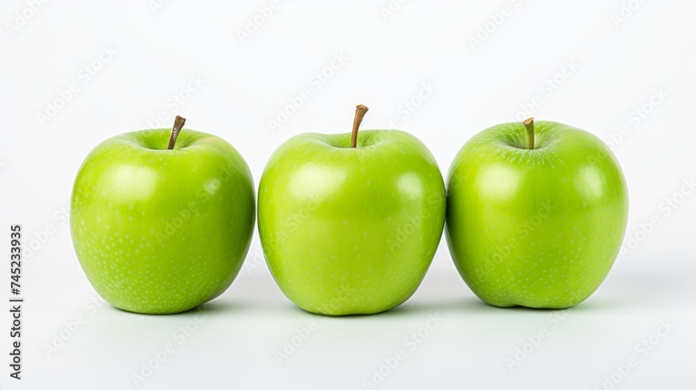 Poster Close-up realistic photo featuring three crisp green apples on a white background Generative AI