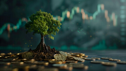 Plants or tree growing on a pile of coins on the table. stock market chart background, financial growth and financial freedom concept - obrazy, fototapety, plakaty
