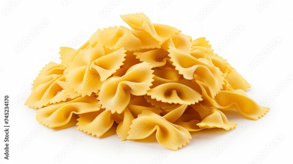 Poster close-up realistic photo of a small mound of farfalle pasta on a white background generative ai