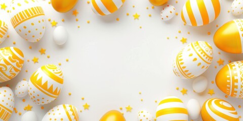 White and yellow festive easter eggs frame background with free copy space inside,  - obrazy, fototapety, plakaty