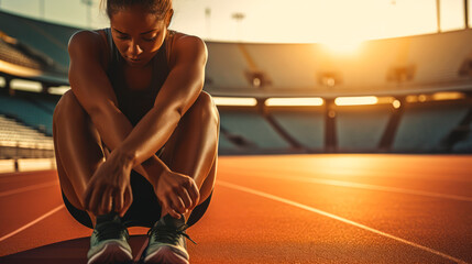 A runner tying shoelaces on a track at sunrise embodies determination and preparation, capturing a moment of focus before embarking on a challenge, set against the promise of a new day. - obrazy, fototapety, plakaty