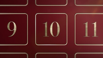 Red door number 10 ten opening calendar reveal, updateable green screen revealing transition sting, 3D gold xmas festive golden numbered doors shiny video, Christmas Advent Calendar animation