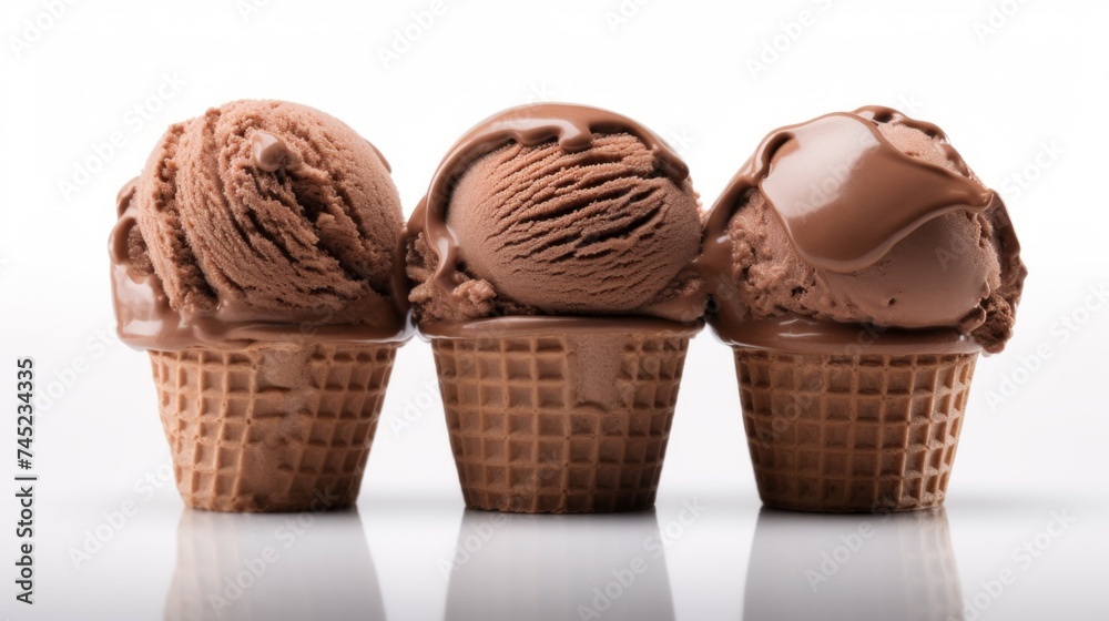 Poster Close-up realistic photo of three scoops of rich chocolate ice cream on a white background Generative AI