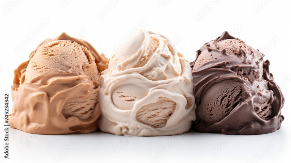 Aufkleber close-up realistic photo of three scoops of hazelnut gelato on a white background generative ai