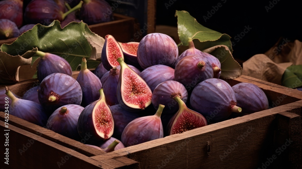 Aufkleber close-up realistic photo showcasing a box filled with ripe figs generative ai