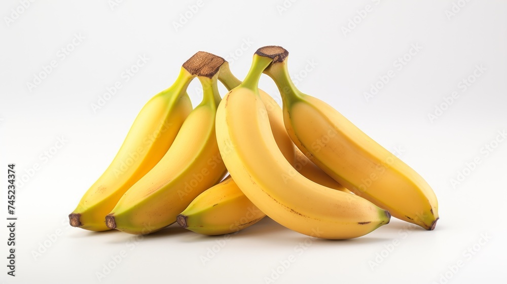 Poster close-up realistic photo showcasing three golden-hued bananas on a white background generative ai