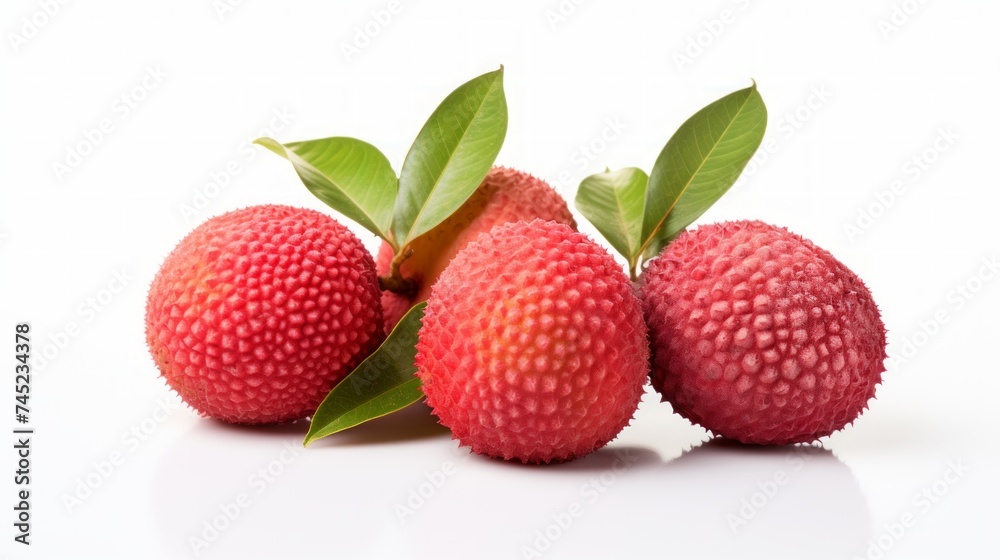 Poster close-up realistic photo showcasing three fresh, succulent lychees on a white background generative 
