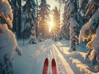 Low Angle View of Cross-Country Skis on a Snowy Trail in Nordmarka Forest with Sun Peeking Through Trees