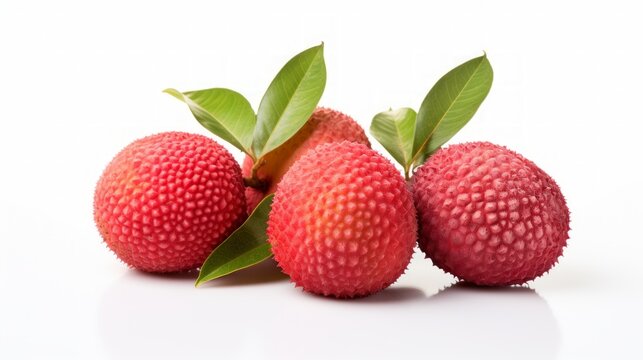 Close-up realistic photo showcasing three fresh, succulent lychees on a white background Generative AI