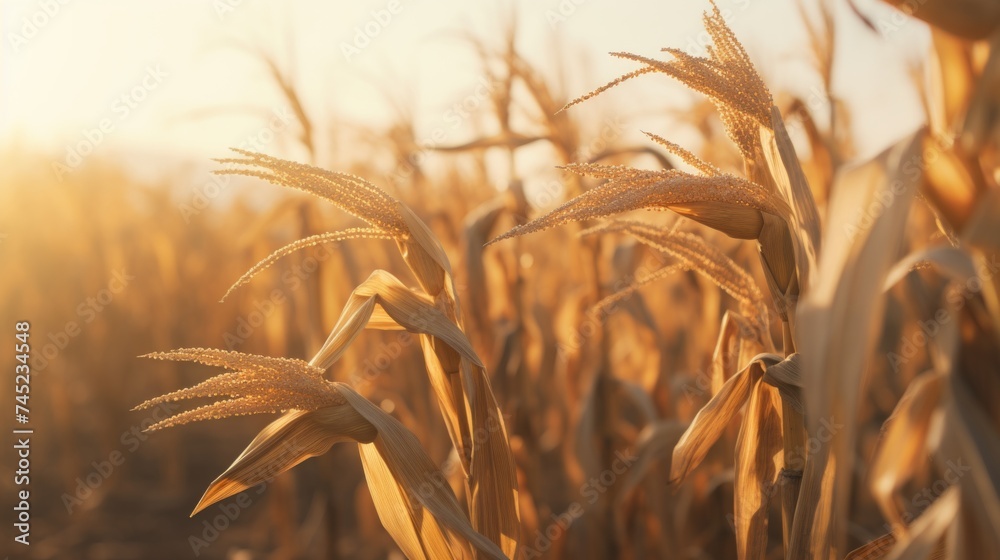 Poster Generative AI Close-up shot showcasing the ripe cornstalks swaying gently in the breeze in a field at dusk.