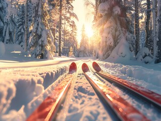 Low Angle View of Cross-Country Skis on a Snowy Trail in Nordmarka Forest with Sun Peeking Through Trees