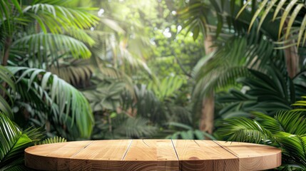 Wooden platform pedestal in tropical forest for product presentation on white background