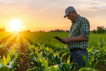 Agronomist and Farmer Analyzing Corn Growth Using Tablet at Sunset in Cornfield