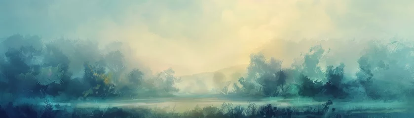 Photo sur Plexiglas Matin avec brouillard Foggy Lake with Trees in Background