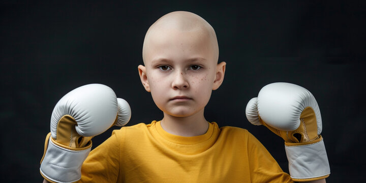 Teenager fighting with dangerous illness concept. Bald teenage girl with a face of anger and determination with black boxing gloves ready to fight cancer and any disease challenge on white background
