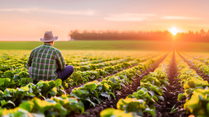 A farmer in a hat sits amidst lush crops, watching the sunset over a tranquil rural landscape. - obrazy, fototapety, plakaty