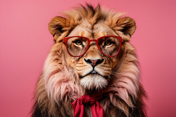 red glasses lion pink background