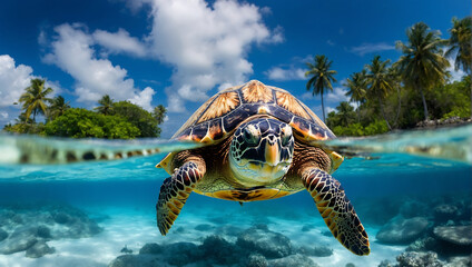 Podwodna podróż - spotkanie z żółwiem morskim - obrazy, fototapety, plakaty