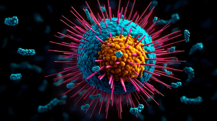 A microscopic view reveals a virus particle adorned with pink and yellow proteins against a navy backdrop, illustrating its role as a significant medical health threat through vivid color.
