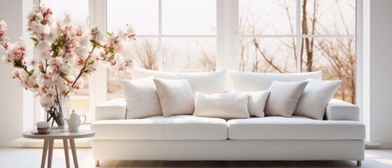 Modern Minimal clean clear contemporary white living room interior  home interior design daylight background, white sofa furniture and flowers couch in living room daylight from window, copyspace