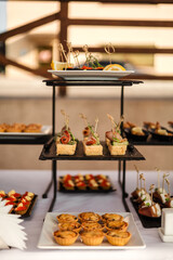 Close-up food for party snacks, burgers, canapes. Catering service.