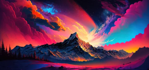 Schilderijen op glas Vibrant dreamscape with this stunning digital art featuring majestic mountain © DP