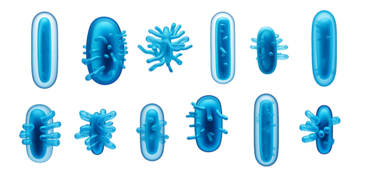 Collection of blue viruses, germs and bacteria isolated on a white background as transparent PNG