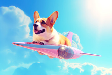 This whimsical image features a cheerful corgi piloting a sleek