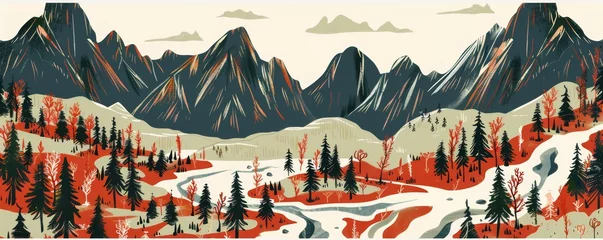 Papier Peint photo Lavable Montagnes Illustrated Autumnal Mountainous Landscape