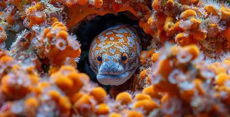 fish in the water, Enigmatic Moray Eel Emerging from Reef Capture the mysterious allure of a moray eel as it emerges from its hiding place within a coral reef, its sinuous body undulating gracefully i - obrazy, fototapety, plakaty