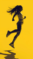 Fototapeta na wymiar Monochrome image of a gray silhouette of an athletic girl in a jump on a yellow background. Duotone.