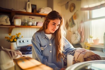 Fototapeta na wymiar A young woman in a casual denim jacket enjoys a serene moment at home, surrounded by warm sunlight and cozy kitchen ambiance.