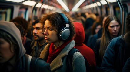 Reflective woman with headphones lost in thought amidst a bustling subway, embodying. A narrative of contemplation and personal journey in city life's chaos. Captures the essence of introspection.