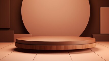 Minimalistic round beige Podium for the Presentation of Cosmetics, Awards on a brown background. A Stage, A Showcase, A Pedestal, A Geometric Platform, A Stand with an empty Space for Advertising.