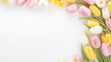 Fototapeta na wymiar Floral card template with place for text. Pink, yellow, white tulips lie on a white background, top view. Happy women's day. Mother's Day. March 8 stylish minimal gentle spring banner