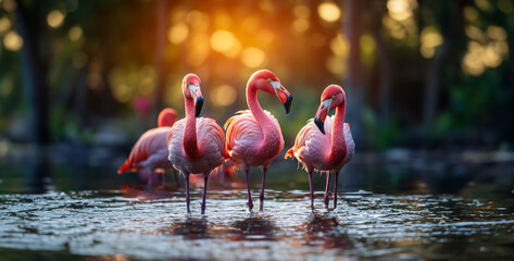 flamingo in the water, Fascinating Flamingo Flock in Lagoon Showcase the vibrant colors of a flock of flamingos as they gather in a shallow lagoon, their pink feathers reflecting in the still waters a